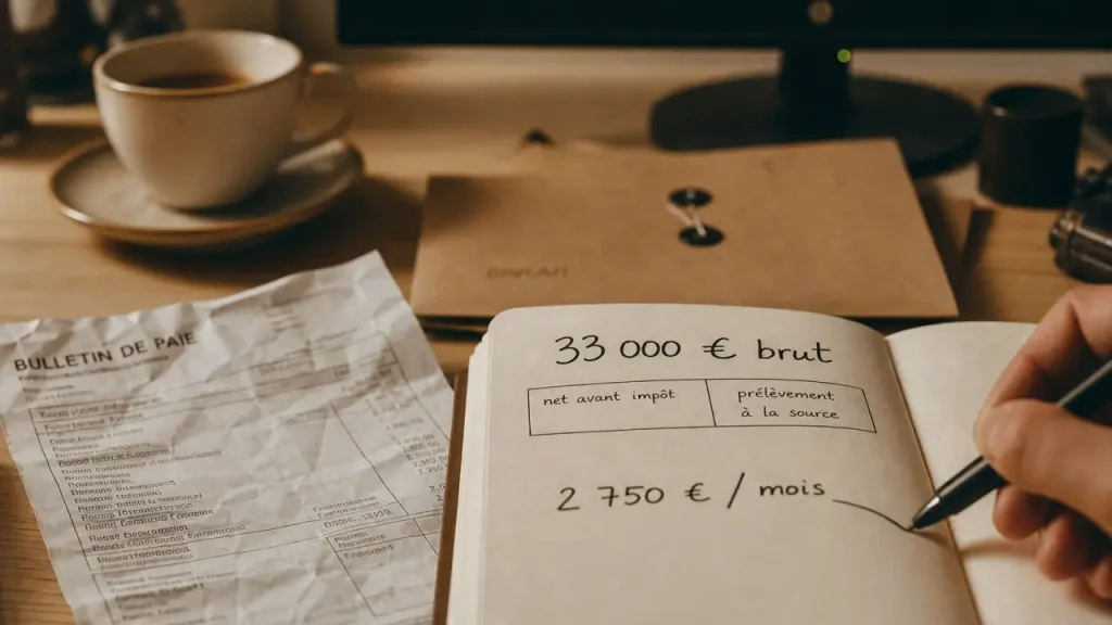 33 000 € brut en net : 2 750 € brut par mois, le statut fait varier le net