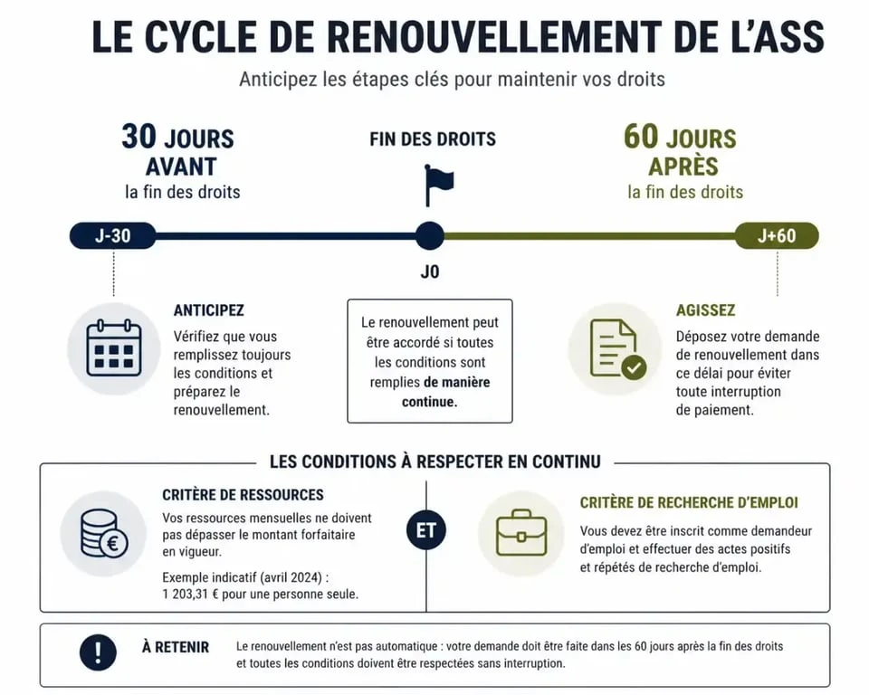 Infographie du cycle de renouvellement de l'ASS : délais et conditions pour le maintien de l'allocation