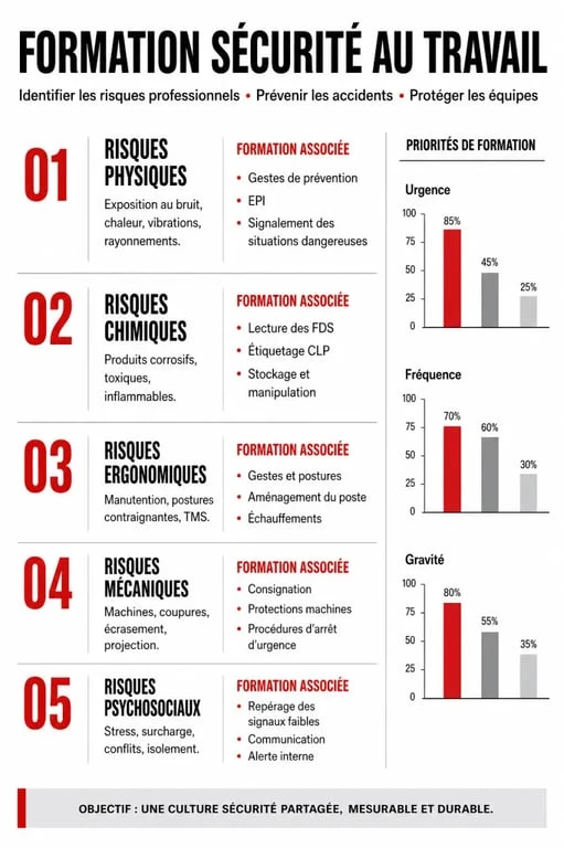 Infographie récapitulative des types de formation sécurité au travail par risque professionnel