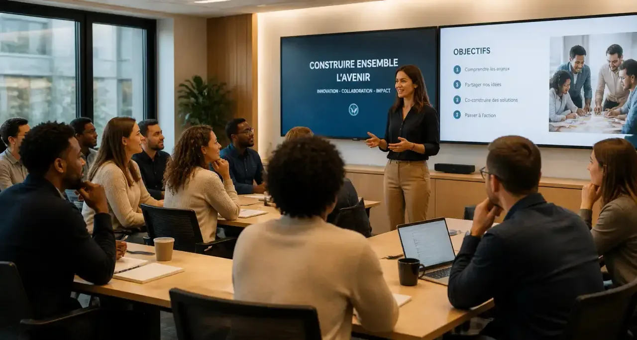 Jeunes professionnels en formation collective en entreprise