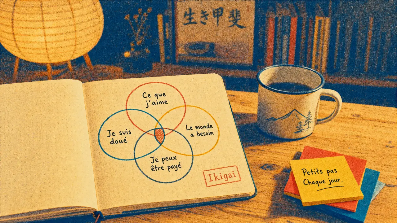Ikigai : carnet avec diagramme des quatre cercles, raison d’être