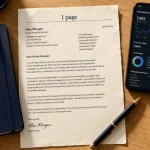 Lettre de motivation marketing digital sur fond bois, structure en 4 parties