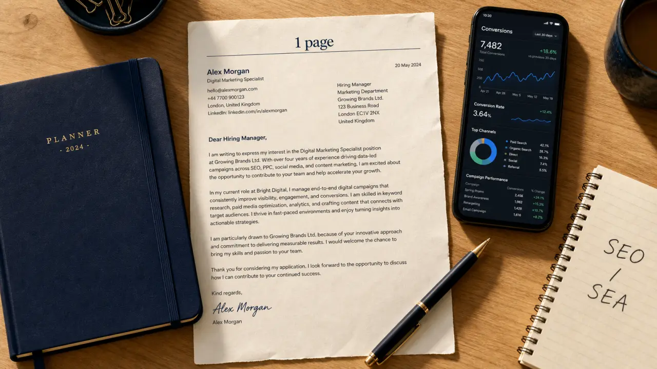 Lettre de motivation marketing digital sur fond bois, structure en 4 parties