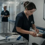 Alternance aide-soignante en hôpital, aide-soignante ajuste un bracelet patient