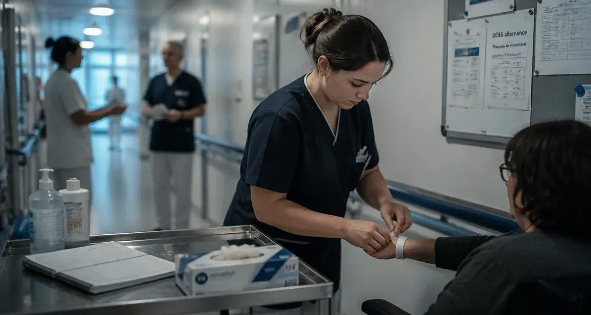 Alternance aide-soignante en hôpital, aide-soignante ajuste un bracelet patient
