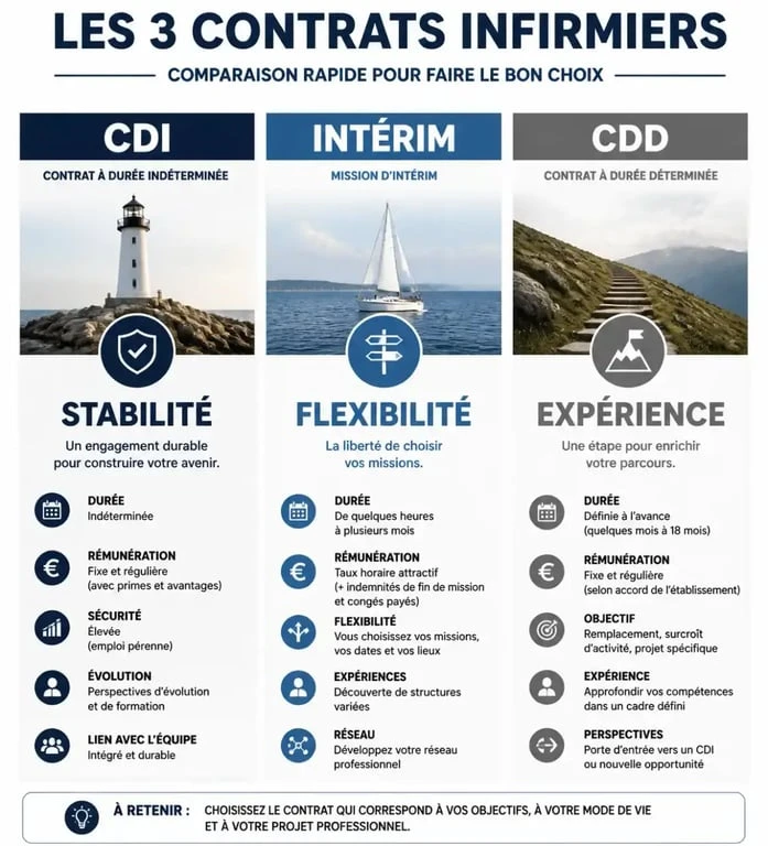 Comparatif des types de contrats pour un emploi infi : CDI, Intérim et CDD