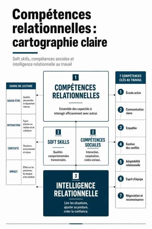Compétences relationnelles : comparaison visuelle avec les soft skills, les compétences sociales et les principales compétences au travail