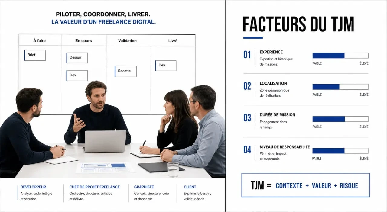 Chef de projet digital freelance coordonnant une équipe autour d’un tableau de suivi et des facteurs de TJM