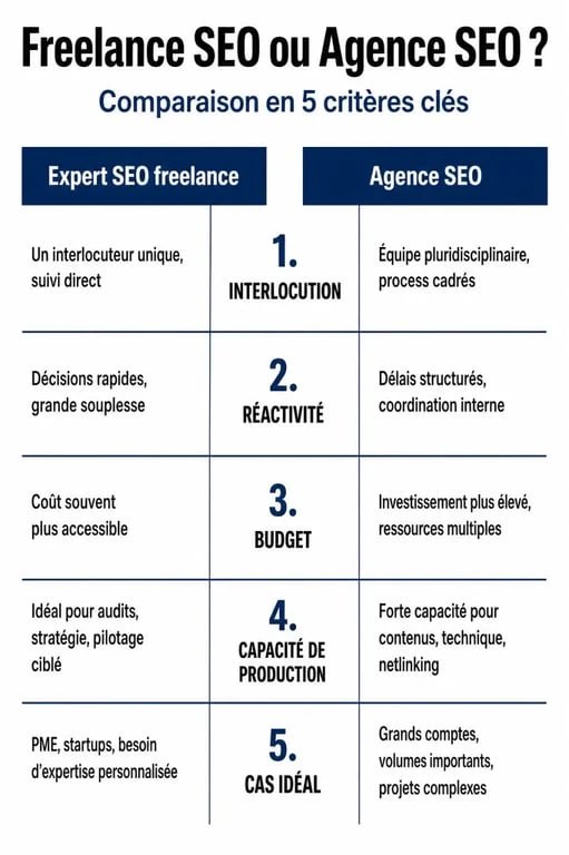 Expert SEO freelance vs agence SEO : comparatif des critères clés pour choisir un prestataire