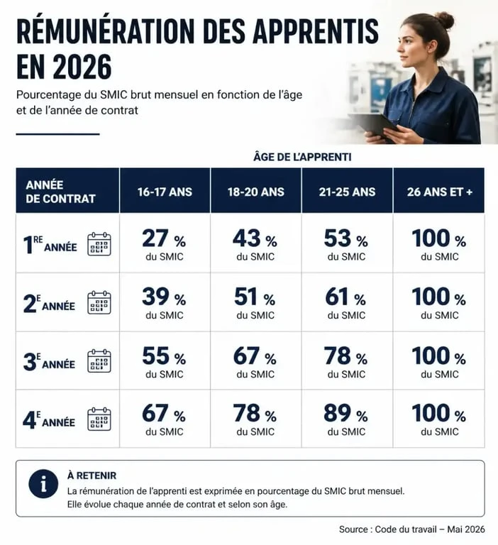 Grille tarifaire alternance 2026 : tableau des pourcentages du SMIC par âge et année de contrat