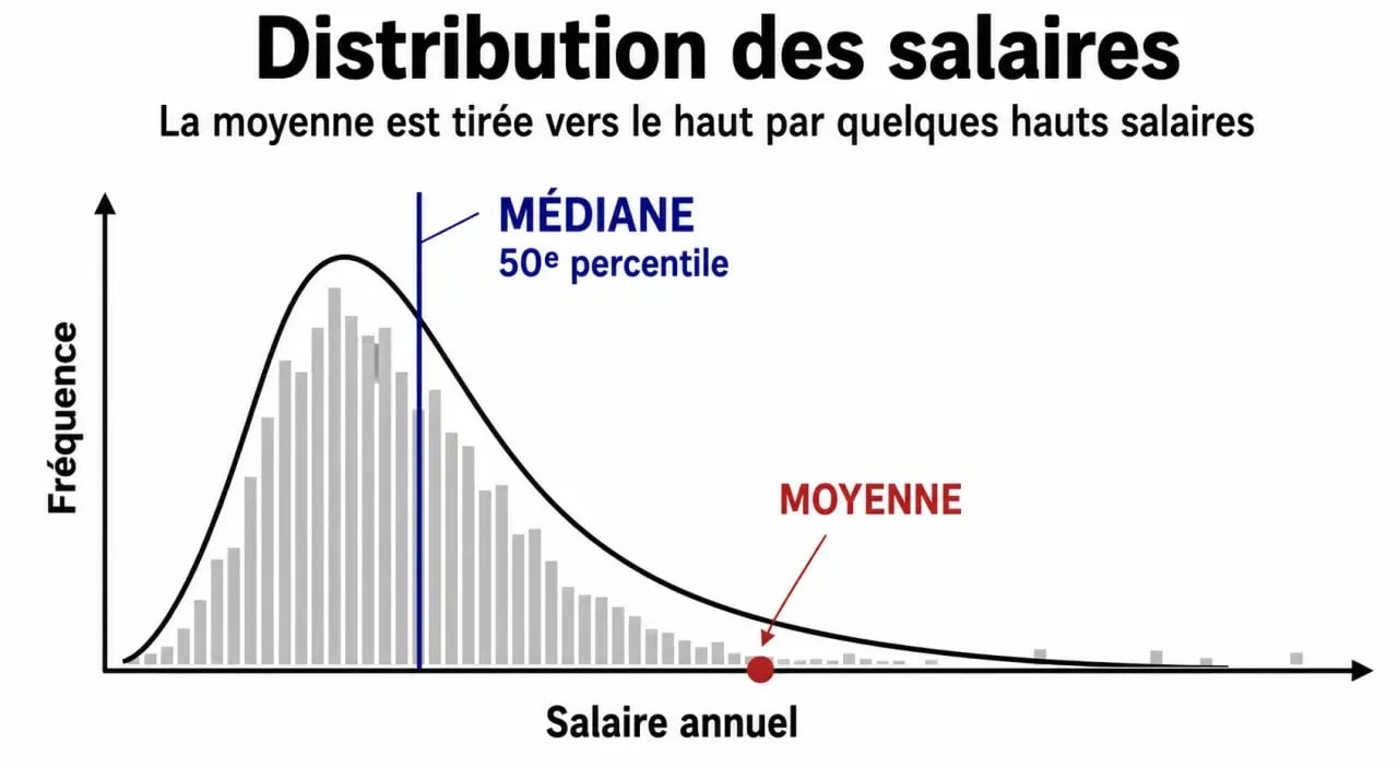 médiane des salaires : schéma comparant médiane, moyenne et 50e percentile sur une distribution de salaires