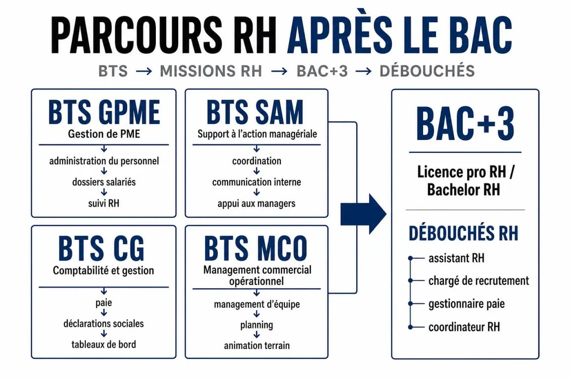 bts pour ressources humaines : comparaison visuelle des BTS GPME, SAM, CG et MCO vers les métiers RH