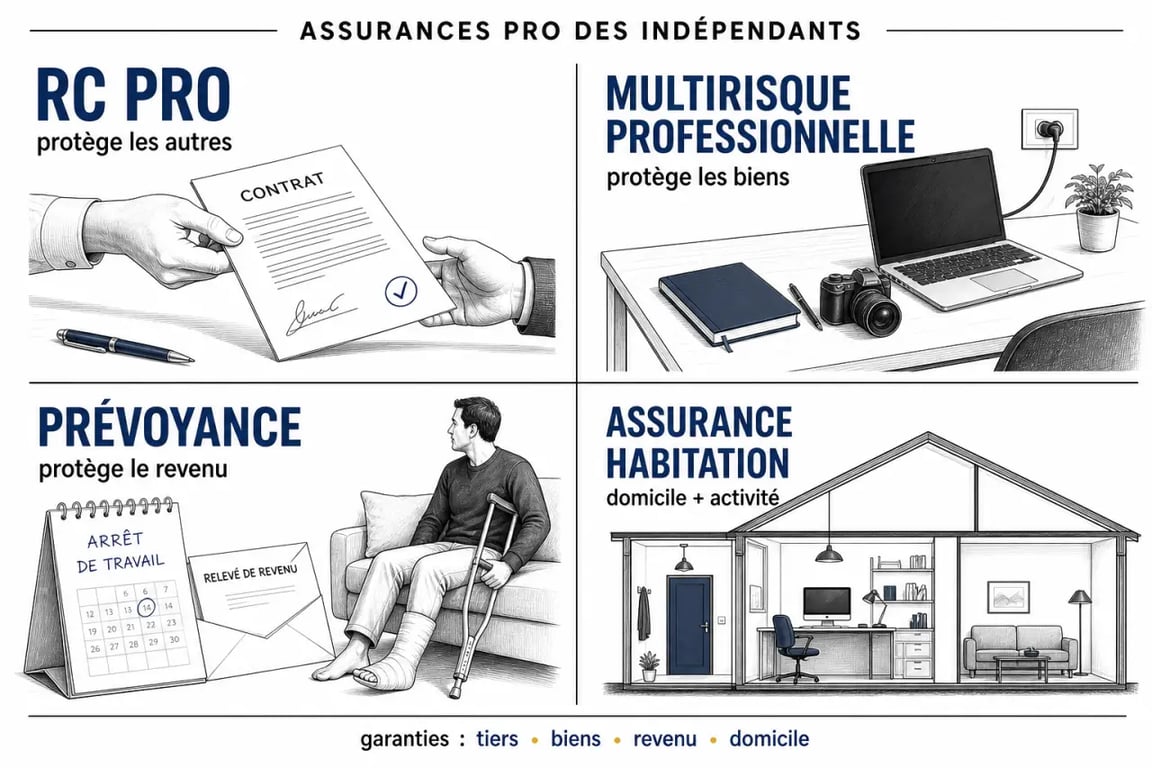 Freelance, micro-entreprise et reconversion : quelles assurances professionnelles prévoir pour démarrer sereinement ? Schéma comparatif des garanties RC Pro, multirisque, prévoyance et assurance habitation