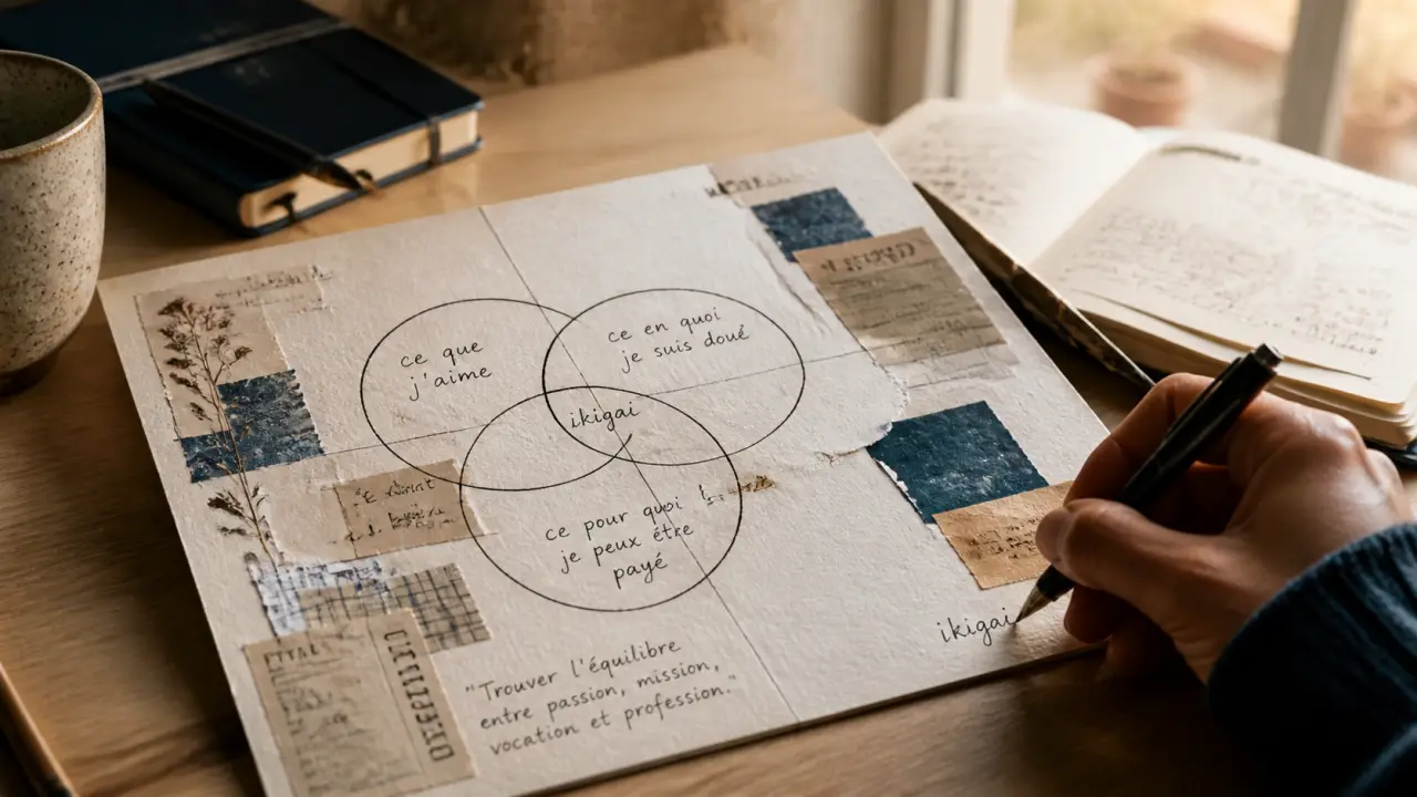 Ikigai exemple : schéma Venn et écriture pour raison d’être