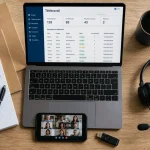 Métier en télétravail : bureau avec ordinateur et visioconférence