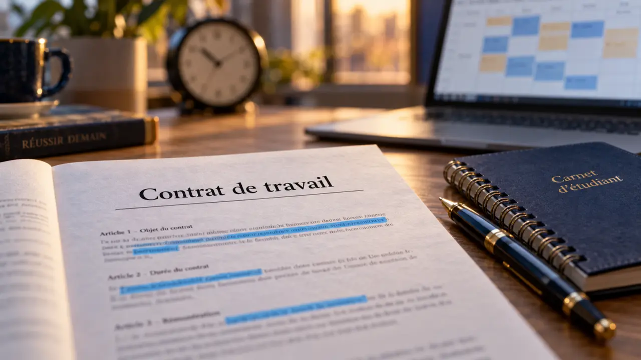 Contrat de travail étudiant sur bureau, horaires visibles