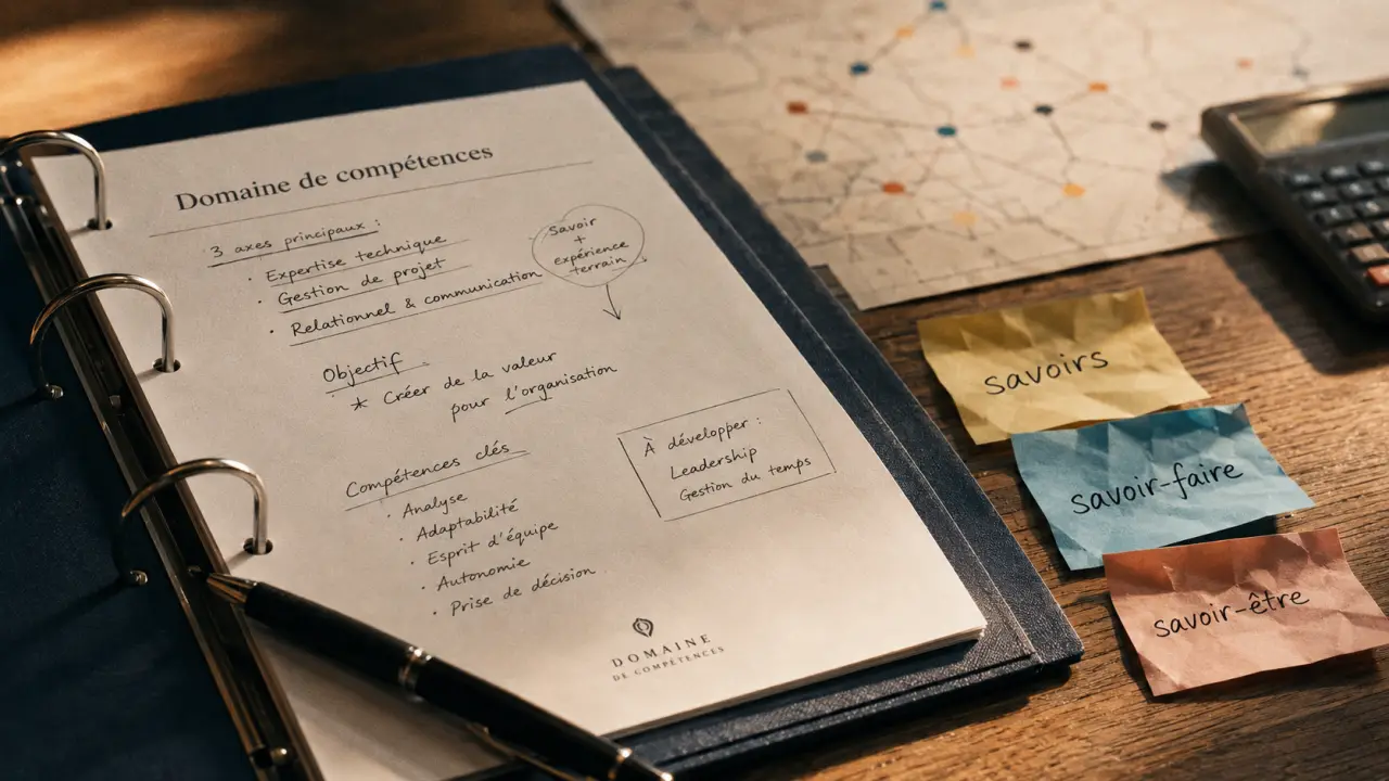 Domaines de compétences : feuille “Domaine de compétences” au bureau, post-it savoirs et savoir-faire