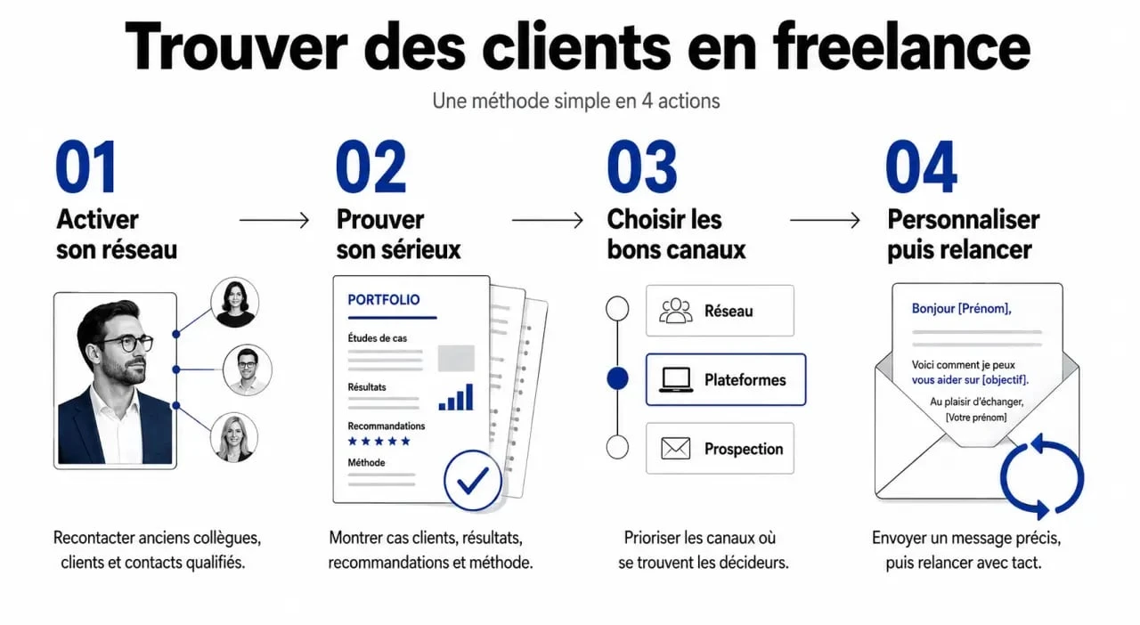 Comment trouver des clients en freelance : schéma des étapes clés pour activer son réseau, montrer son sérieux et prospecter efficacement
