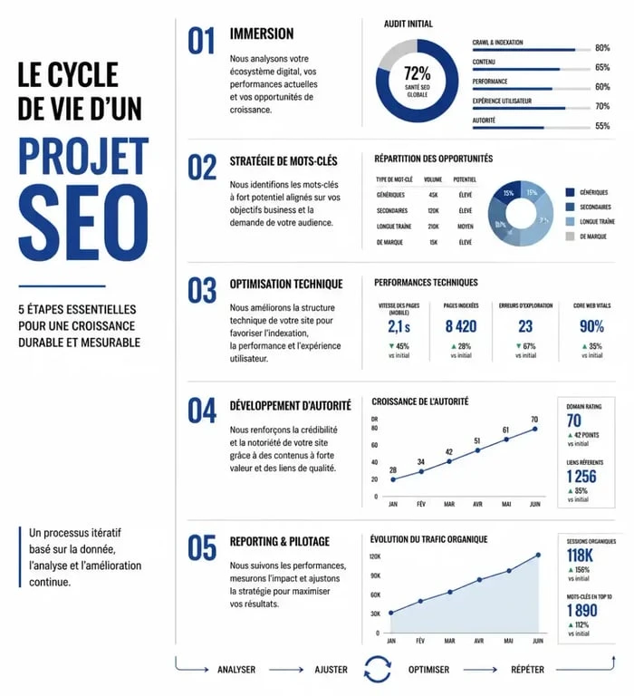 Infographie des 5 étapes clés d'une gestion de projet SEO réussie