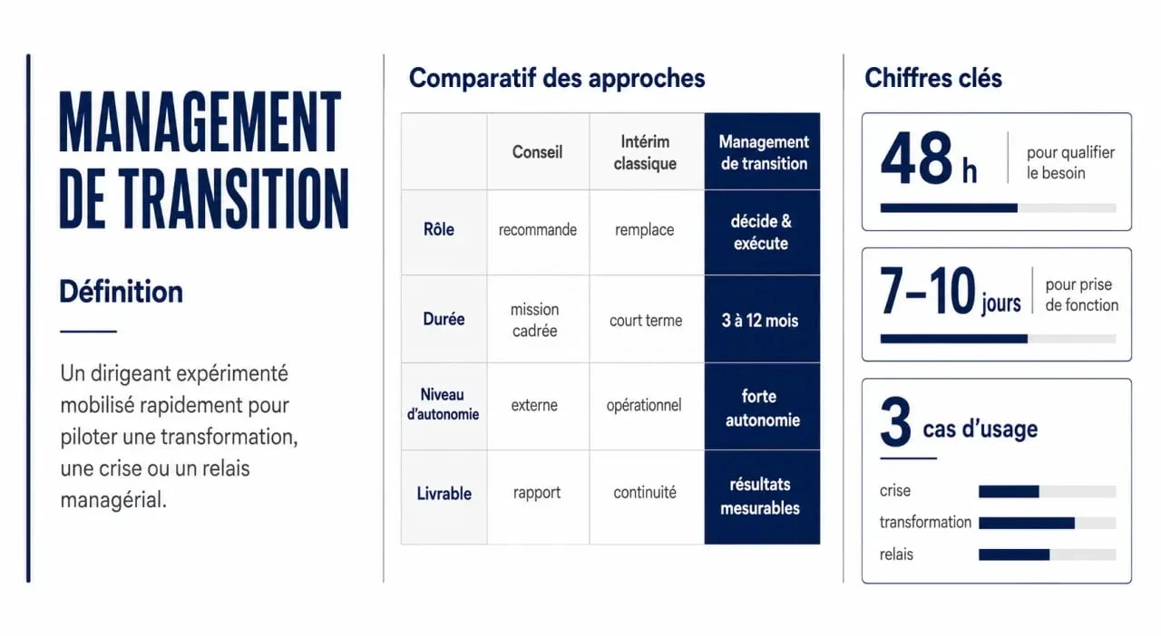 Illustration interim management magazine sur le management de transition, avec comparaison des usages et chiffres clés