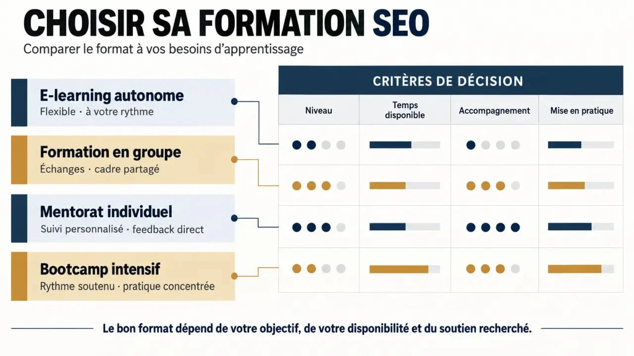 Infographie pour choisir une formation SEO Vite-une-formation selon le format, le niveau et l’accompagnement