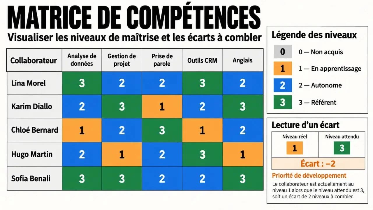 Matrice de compétences croisant collaborateurs, compétences et niveaux de maîtrise