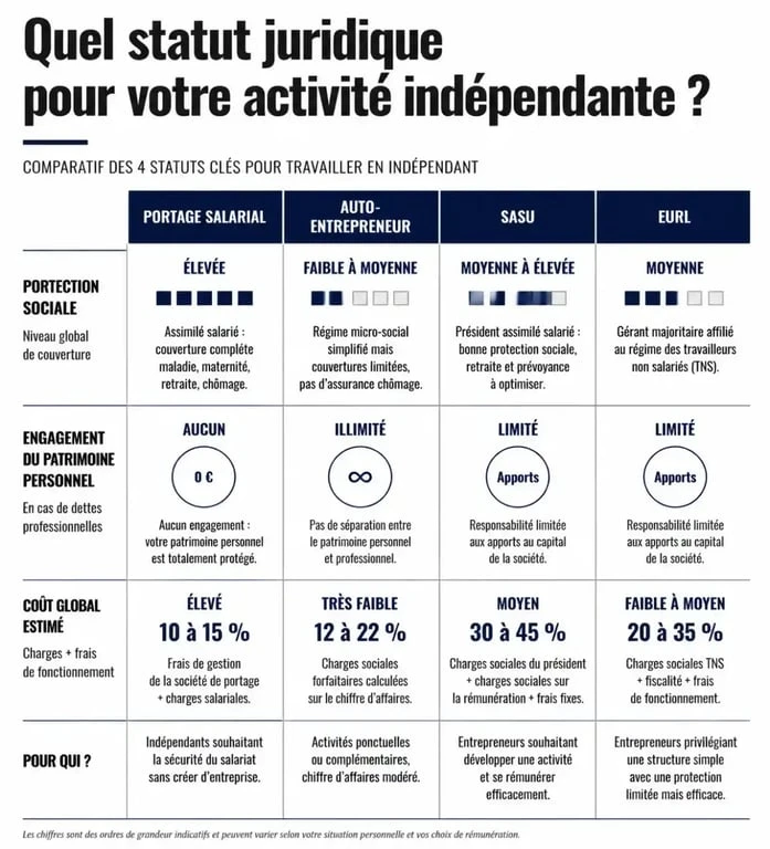 Infographie comparative des avis sur le portage salarial face à l'auto-entrepreneur, la SASU et l'EURL