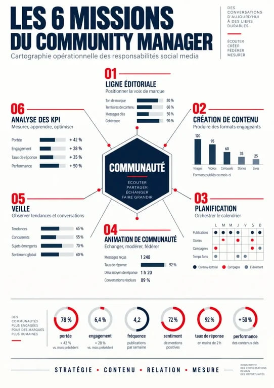 Formation community manager : les six missions clés du métier illustrées en infographie