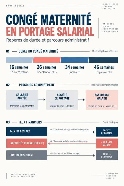 Infographie sur le congé maternité en portage salarial, ses durées et ses indemnités