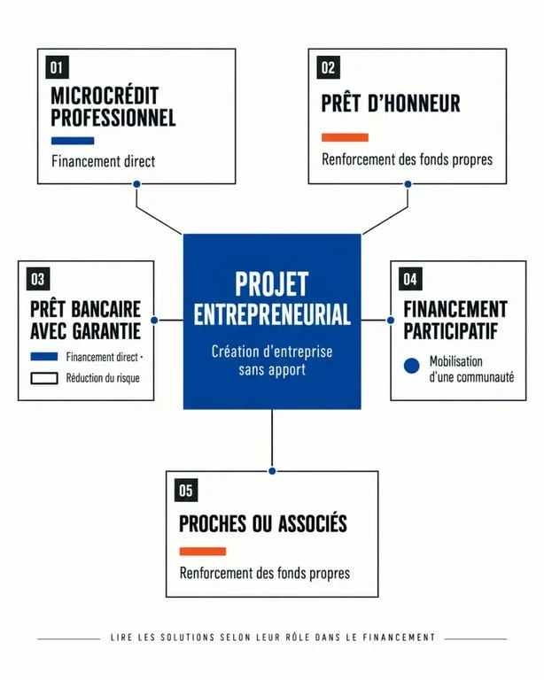 Prêt création entreprise sans apport : solutions de financement présentées dans une infographie