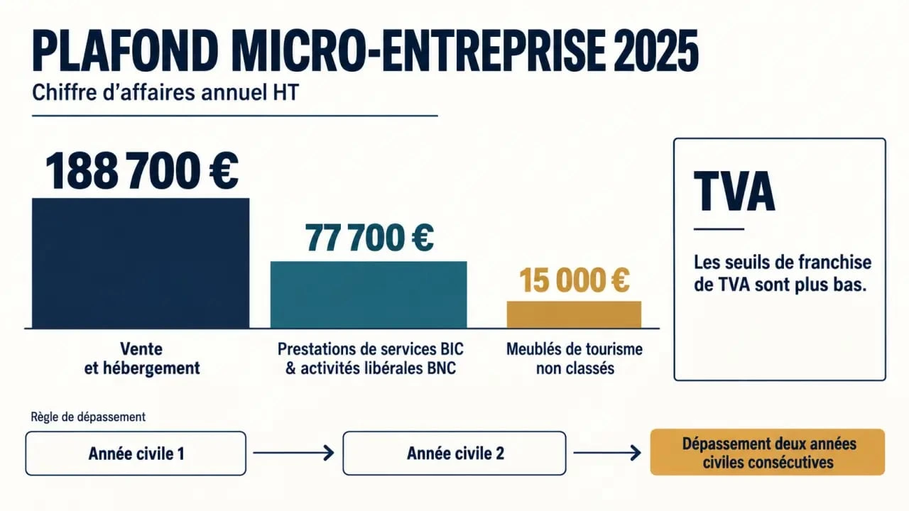 Infographie du plafond micro entreprise 2025, des seuils par activité et des seuils de TVA
