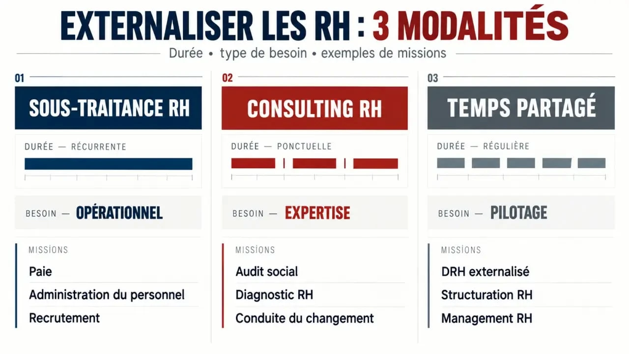 Externalisation des ressources humaines : comparaison entre sous-traitance RH, consulting RH et temps partagé