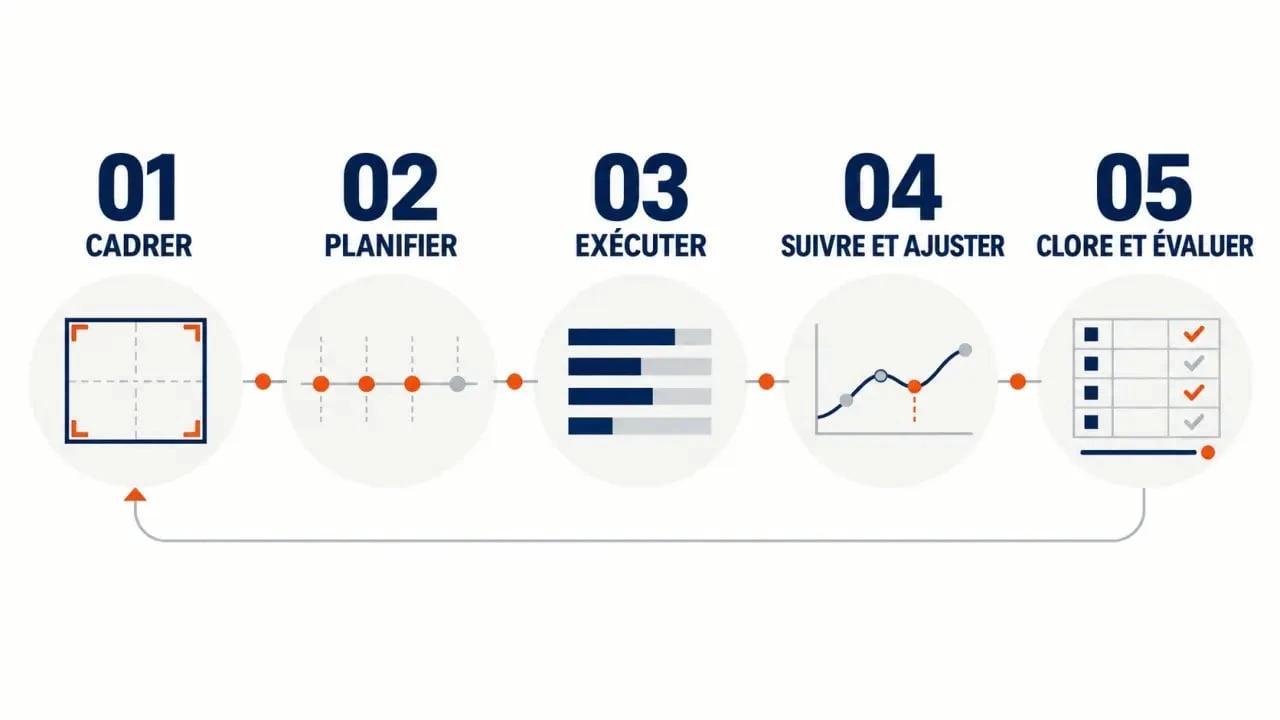 Cours de gestion de projet : schéma des cinq étapes du cycle de vie d’un projet