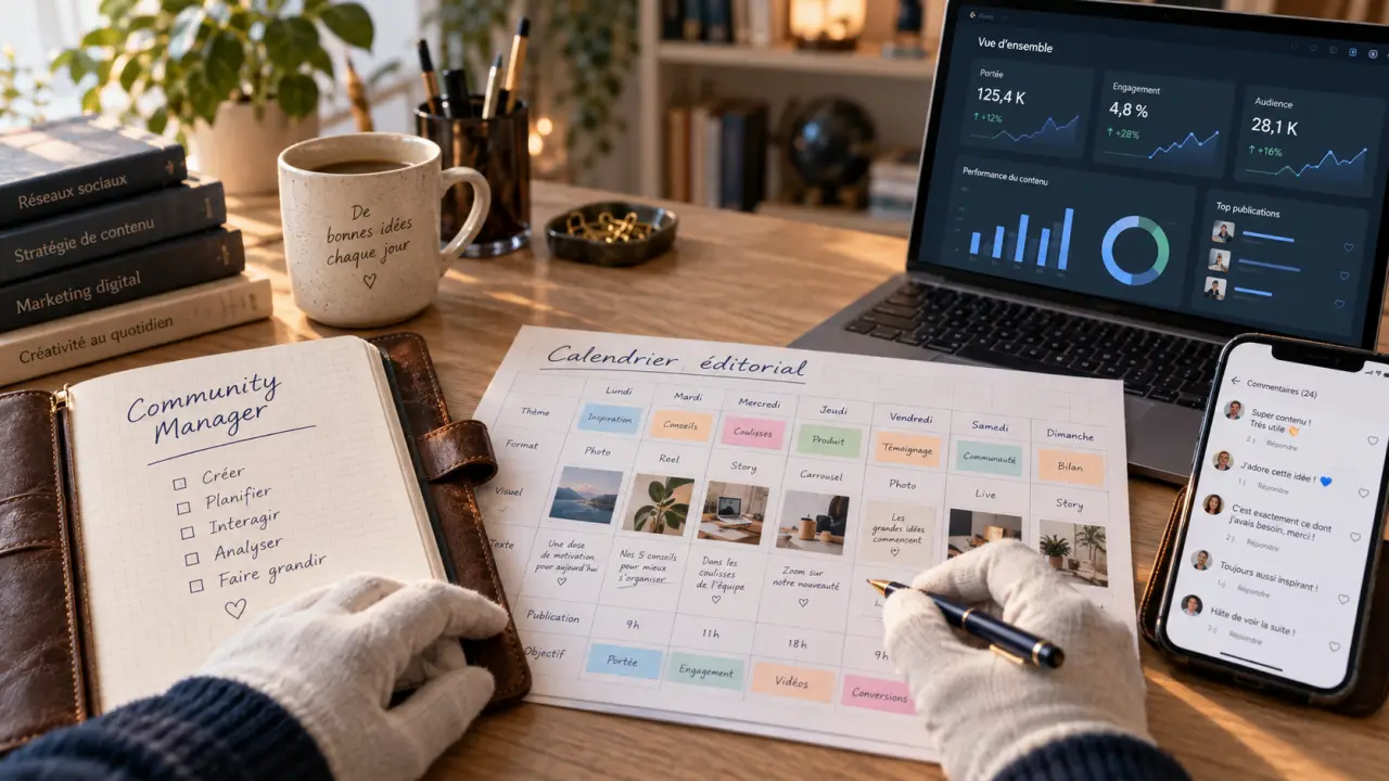 Formation community manager : bureau avec KPI, commentaires et calendrier éditorial