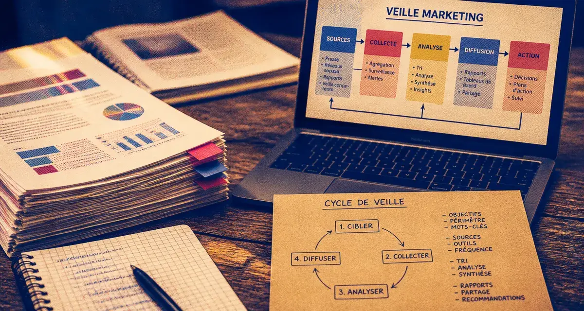 Veille marketing : bureau avec cycle de veille et rapports