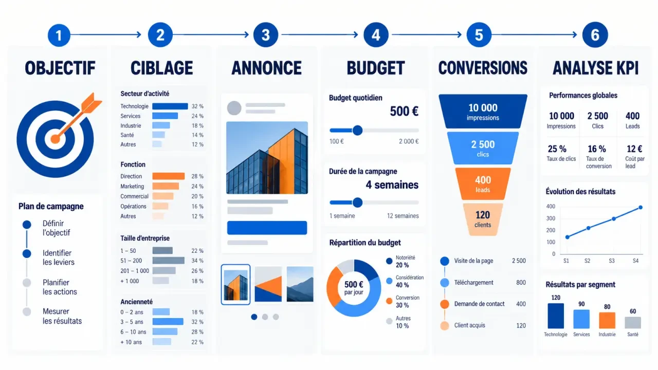 Parcours d’une formation LinkedIn Ads en ligne, de la création de campagne au suivi des conversions