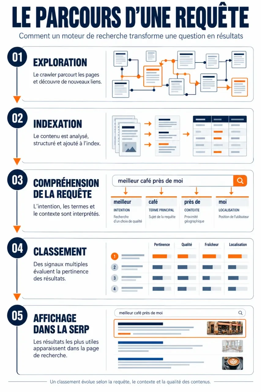 Formation algorithmie des moteurs de recherche en ligne : schéma du parcours d'une requête, du crawl au classement