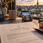 Portage salarial pontivy : contrat sur table avec ordinateur et ville bretonne